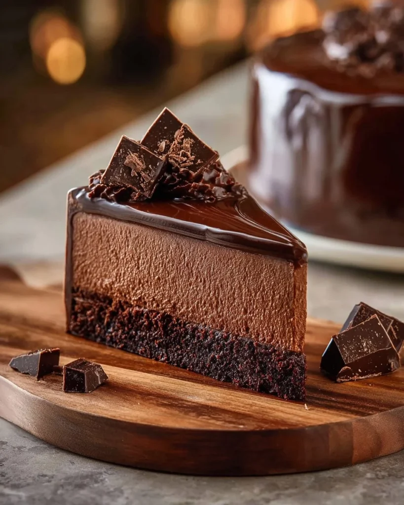Decadent chocolate mousse cake topped with chocolate curls and served on a elegant plate