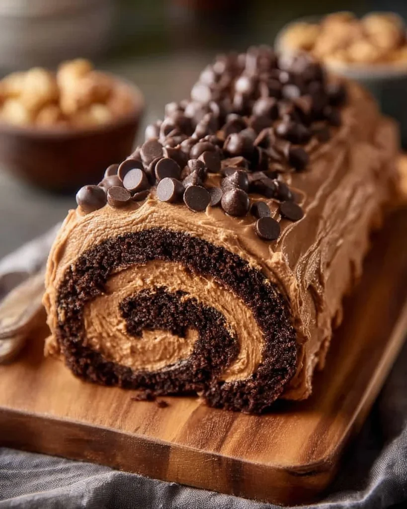 Decadent chocolate peanut butter cake roll dessert on a serving plate