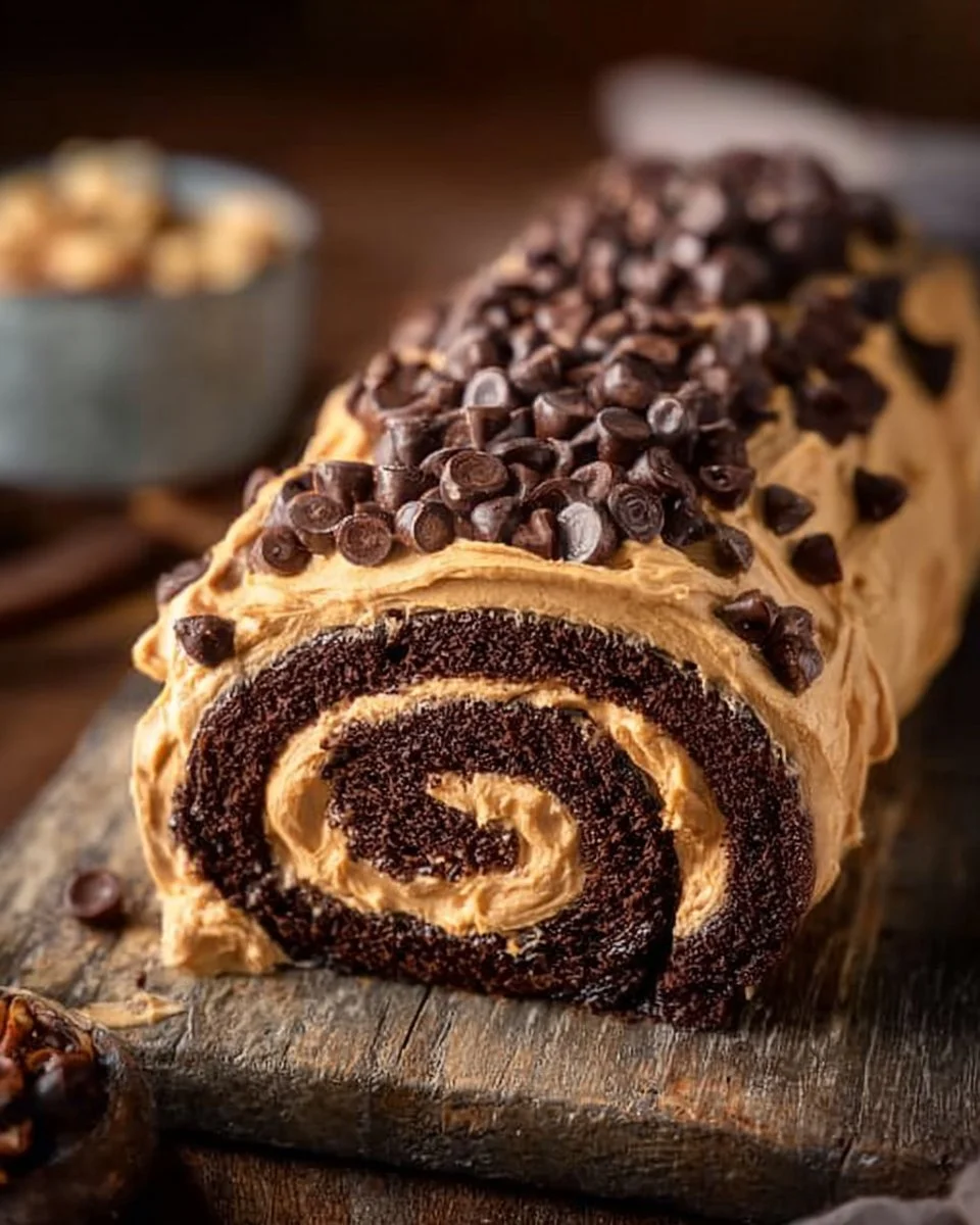 Decadent chocolate peanut butter cake roll topped with creamy frosting.
