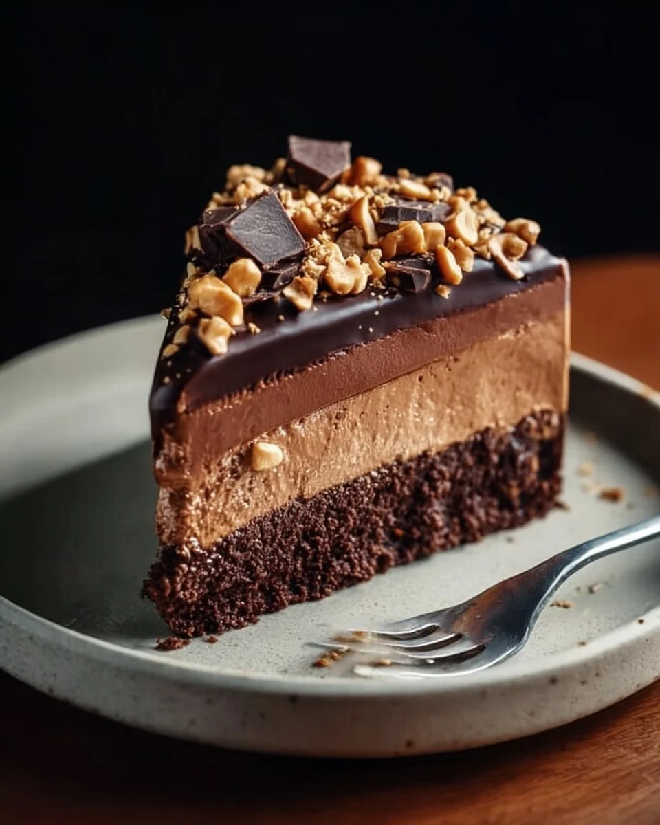Decadent chocolate peanut butter cheesecake topped with chocolate ganache.