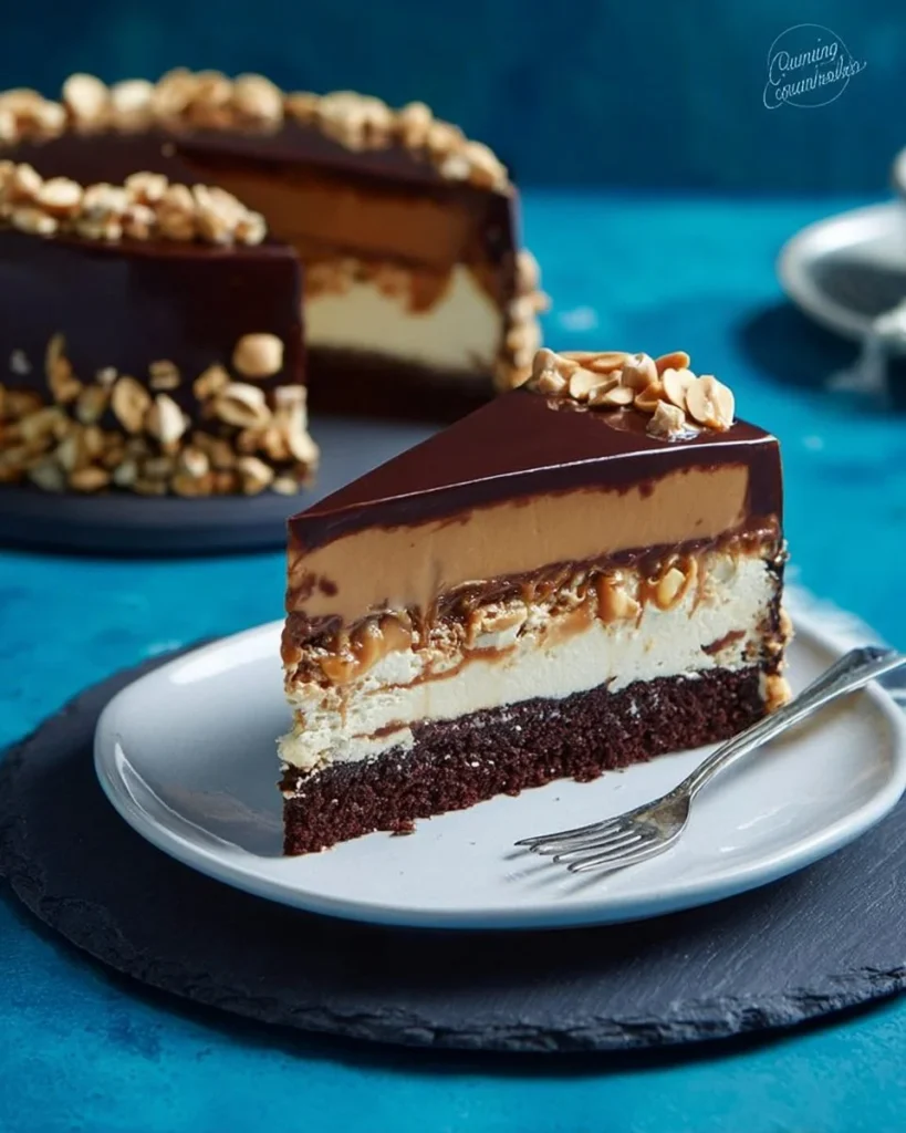 Decadent chocolate peanut butter cheesecake with caramel drizzle topping