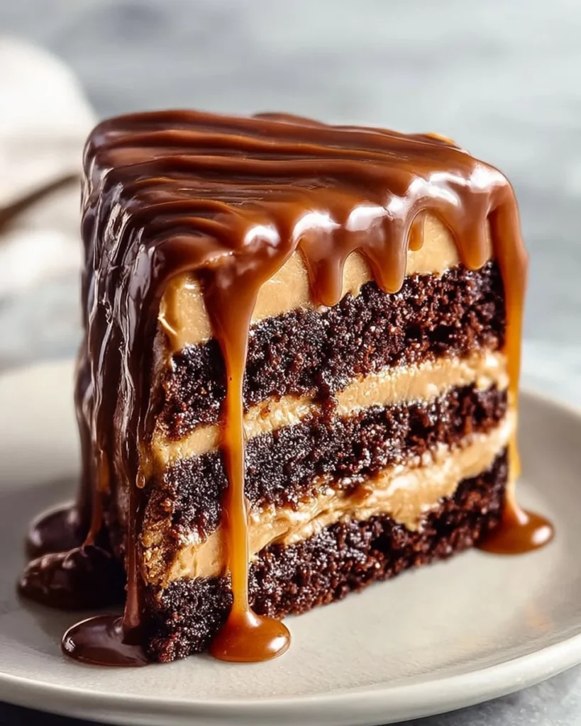 Decadent Chocolate Peanut Butter Delight dessert topped with chocolate and peanuts