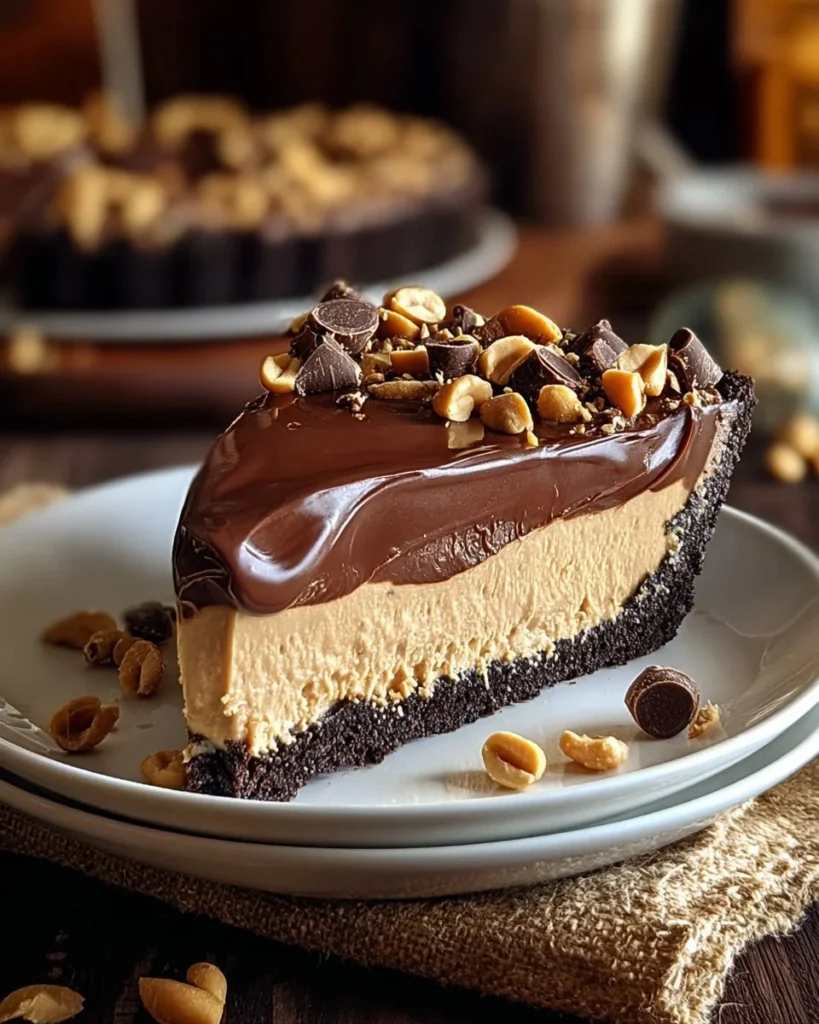 Decadent Chocolate Peanut Butter Pie with chocolate glaze and peanut butter topping