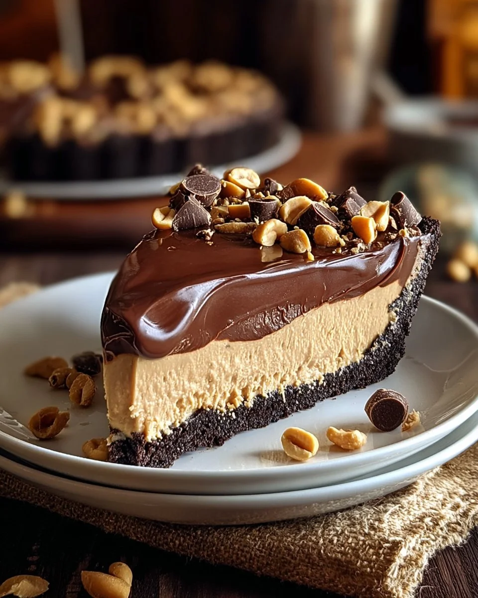 Decadent Chocolate Peanut Butter Pie with chocolate glaze and peanut butter topping
