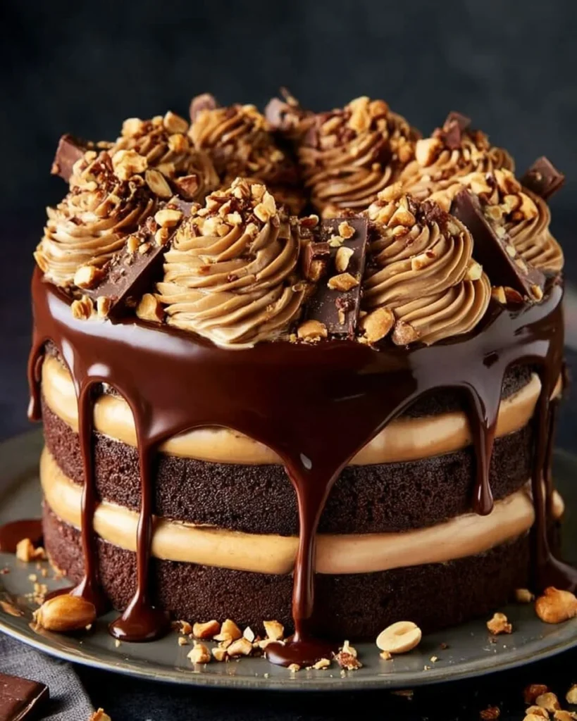 Decadent chocolate peanut butter layer cake with rich frosting and layers.