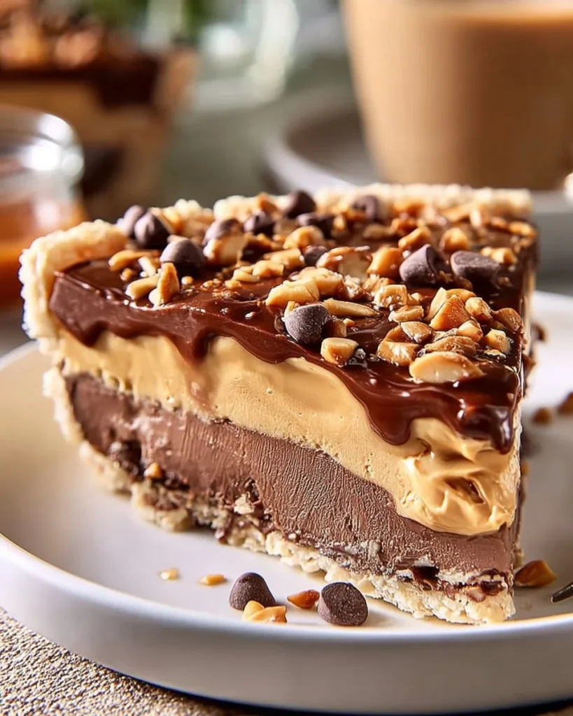 Deliciously rich chocolate peanut pie topped with chocolate and peanut drizzle