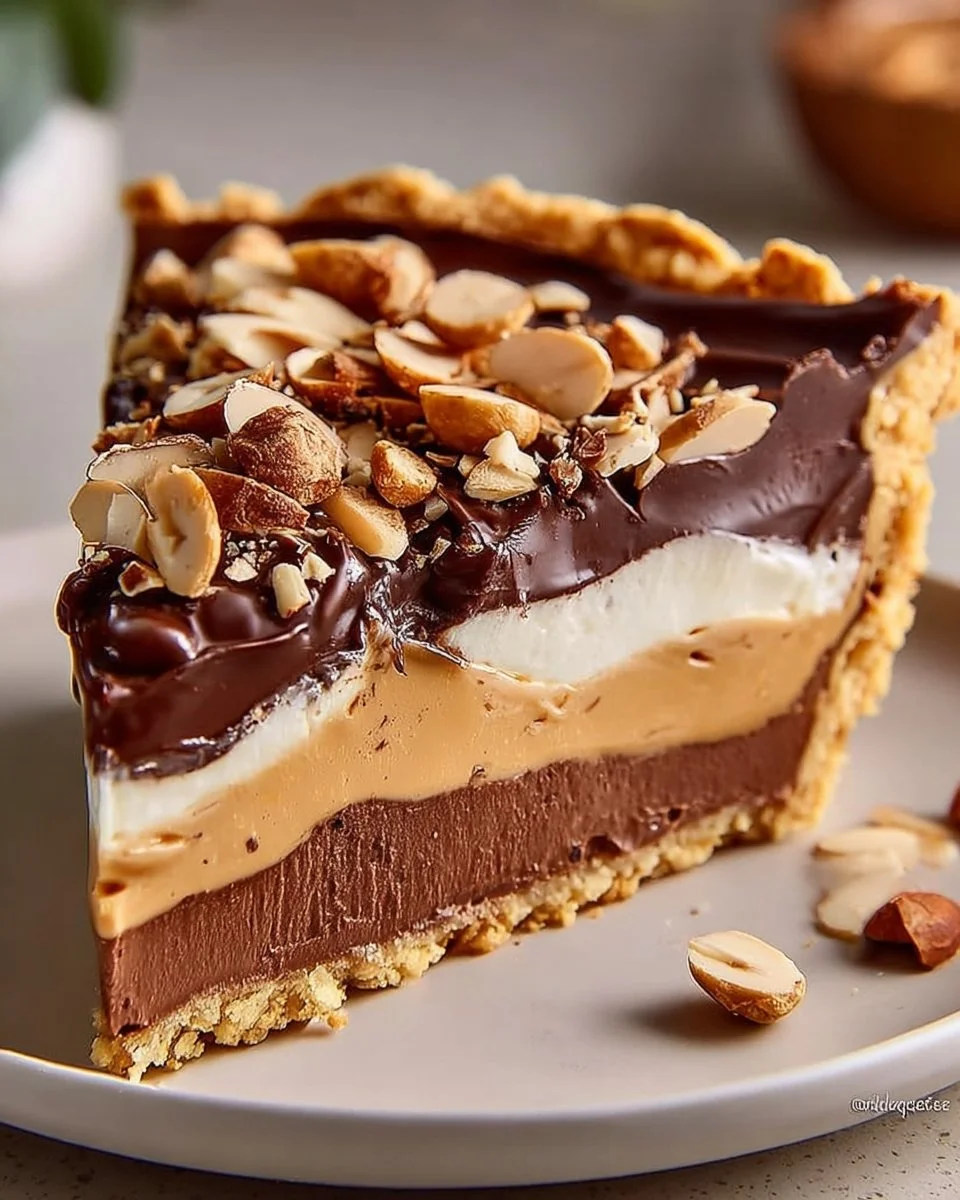 Decadent chocolate peanut pie served on a plate, topped with whipped cream.