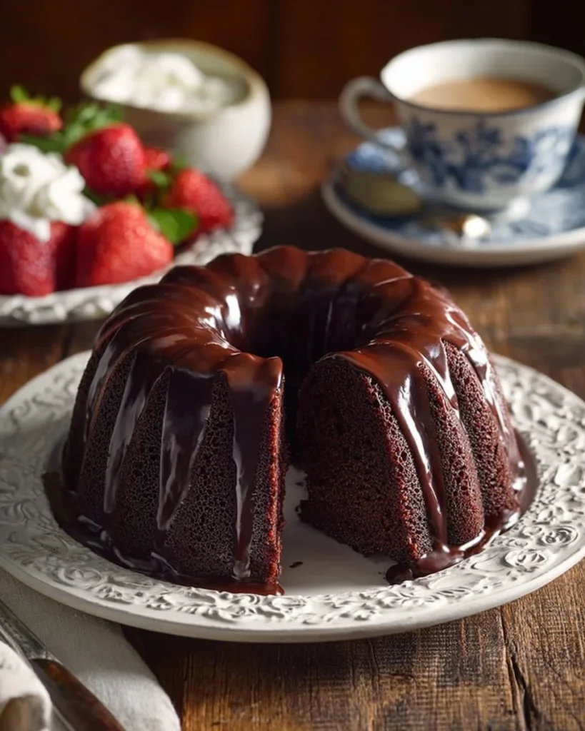 Decadent chocolate pound cake ready to serve, rich and delicious dessert.