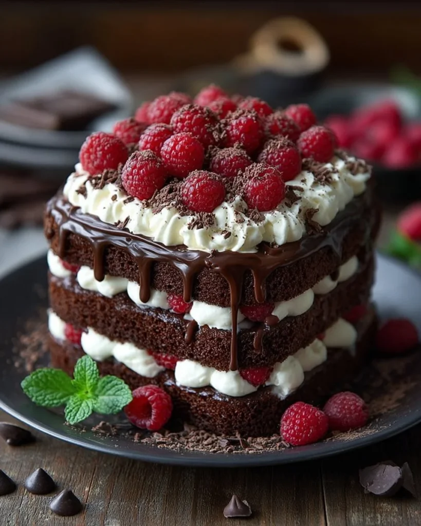 Decadent chocolate raspberry layer cake with rich chocolate frosting and fresh raspberry topping.