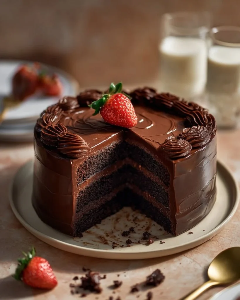 Decadent chocolate strawberry cake layered with fresh strawberries and chocolate ganache
