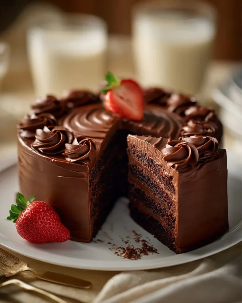 Decadent chocolate strawberry cake topped with fresh berries and chocolate ganache