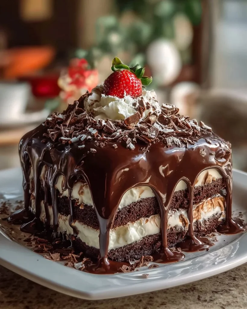 Decadent chocolate strawberry cake topped with fresh strawberries and chocolate ganache.