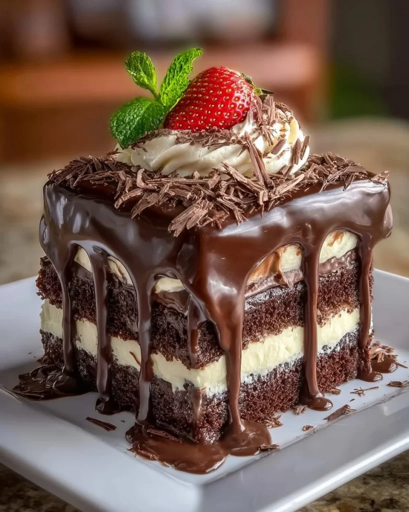 Decadent chocolate strawberry cake with fresh strawberries and rich chocolate frosting