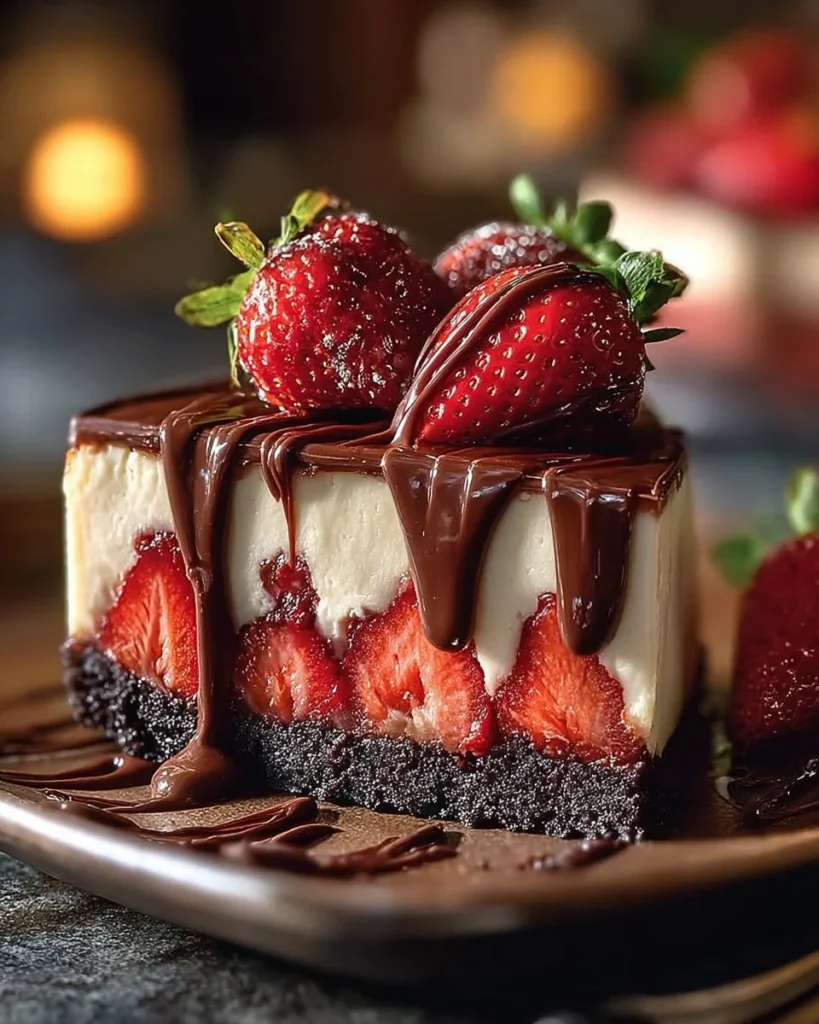 Decadent chocolate strawberry swirl cheesecake with fresh strawberries