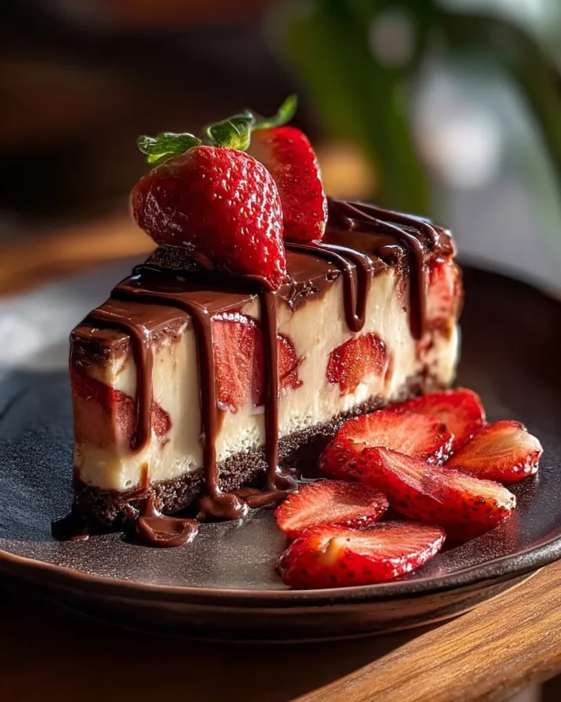 Decadent chocolate strawberry swirl cheesecake topped with fresh strawberries.