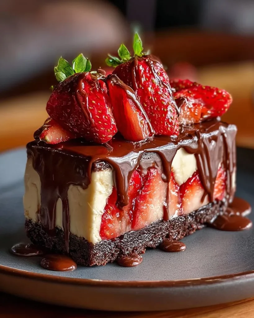 Decadent chocolate strawberry cheesecake with a swirl of chocolate and fresh strawberries.