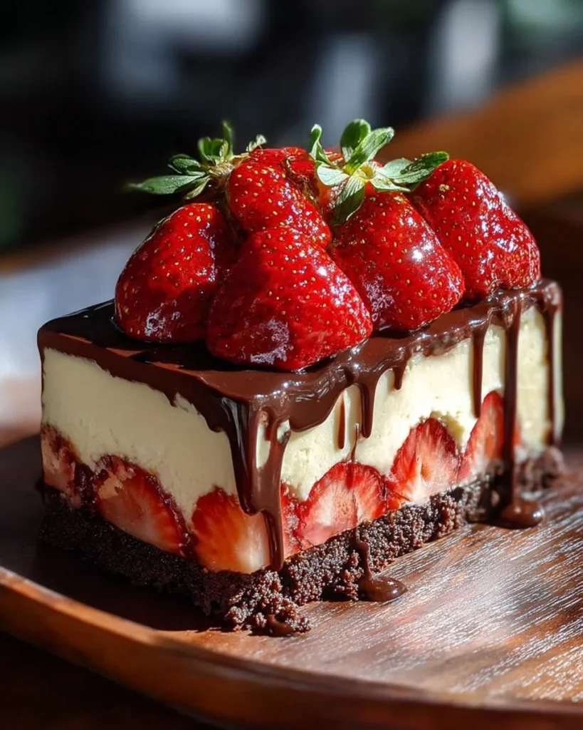 Decadent chocolate strawberry swirl cheesecake with fresh strawberries on top