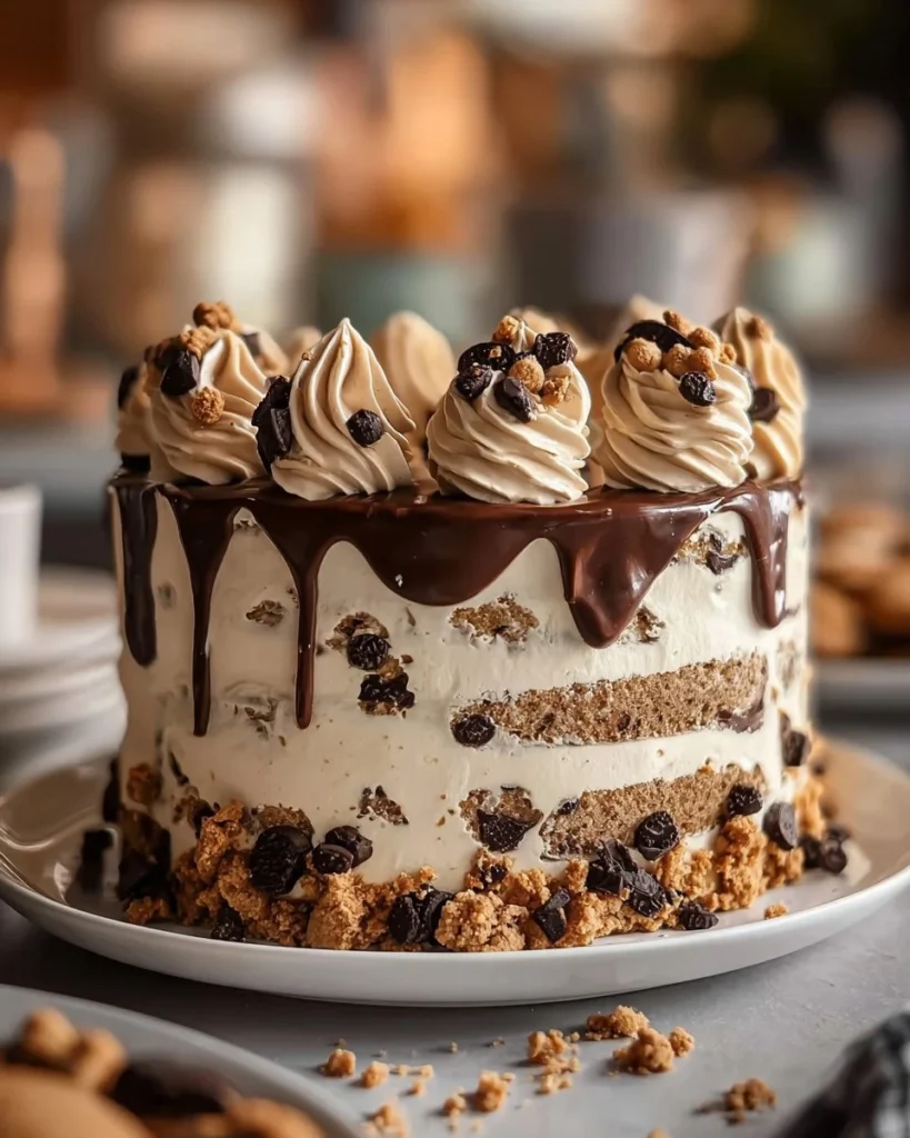 Decadent Cookie Dough Delight Cake with chocolate chips and creamy frosting