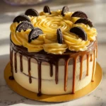 Decadent cookie dough swirled cheesecake topped with cookie dough pieces