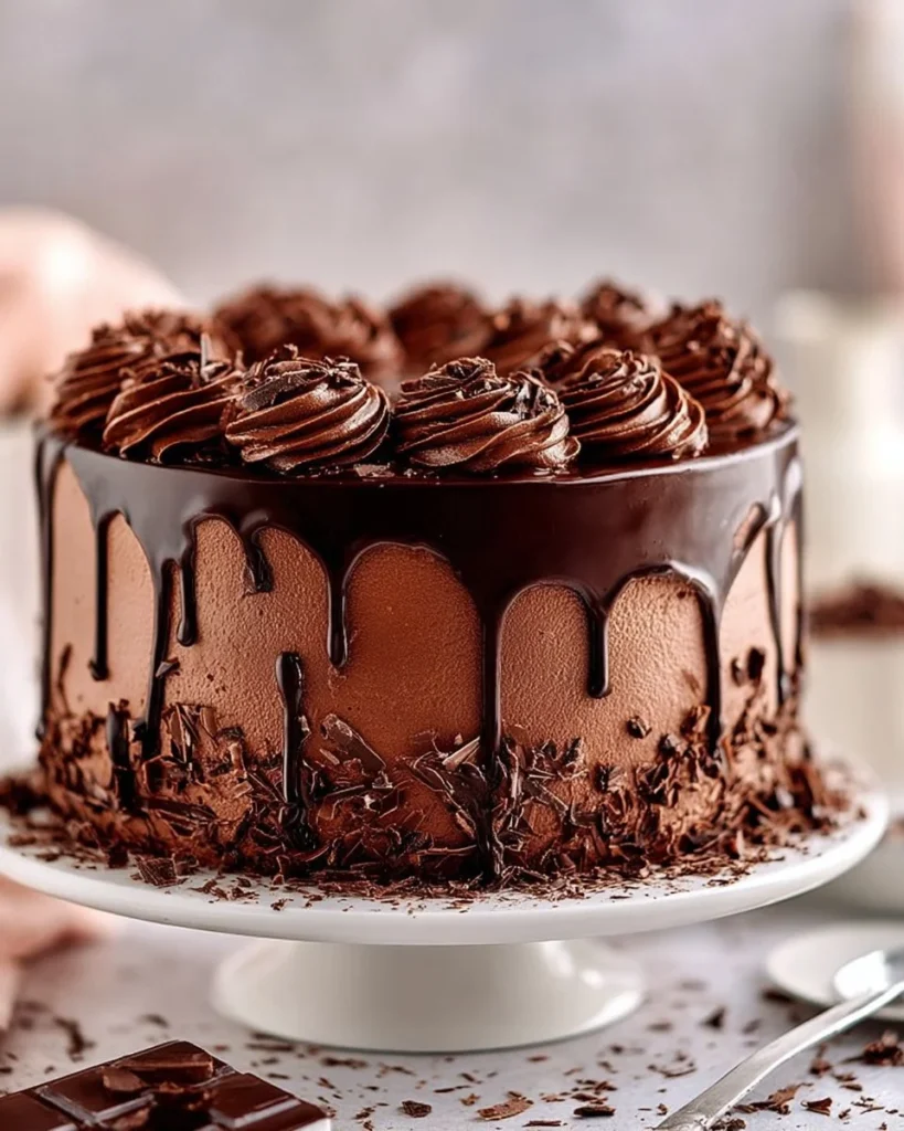 Decadent double chocolate drip cake topped with rich chocolate ganache.