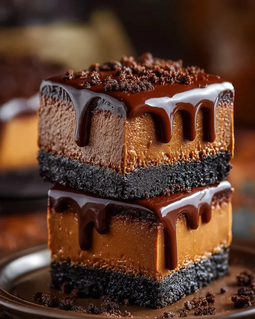 Decadent dulce de leche chocolate cheesecake bars on a dessert platter