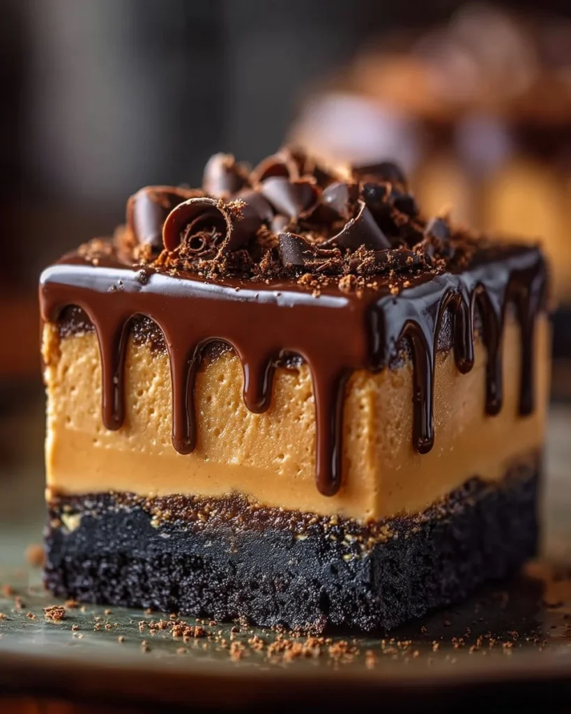 Delicious dulce de leche chocolate cheesecake bars with a creamy topping