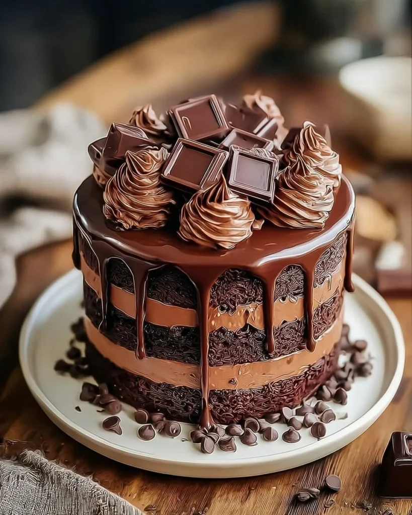 Decadent fudge lover's dream cake topped with rich chocolate icing
