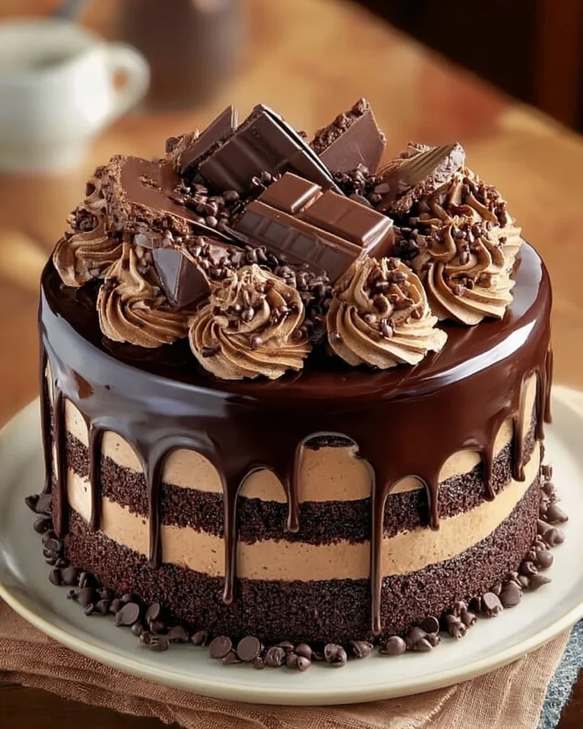 Decadent fudge cake topped with chocolate ganache and sprinkled with chocolate shavings