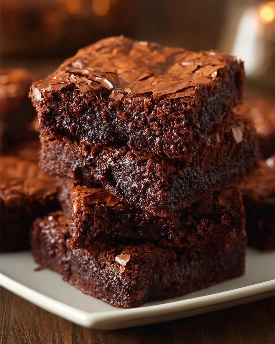 A plate of decadent fudgy brownies topped with chocolate drizzle.