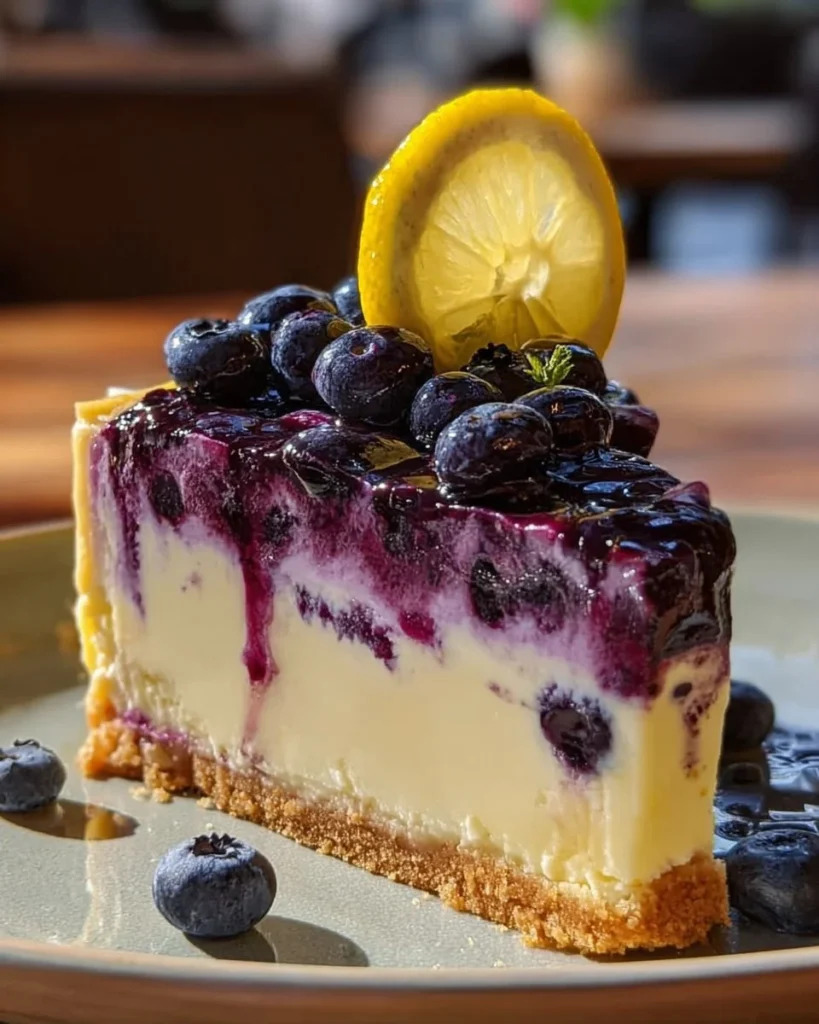 Slice of decadent lemon blueberry cheesecake topped with fresh blueberries