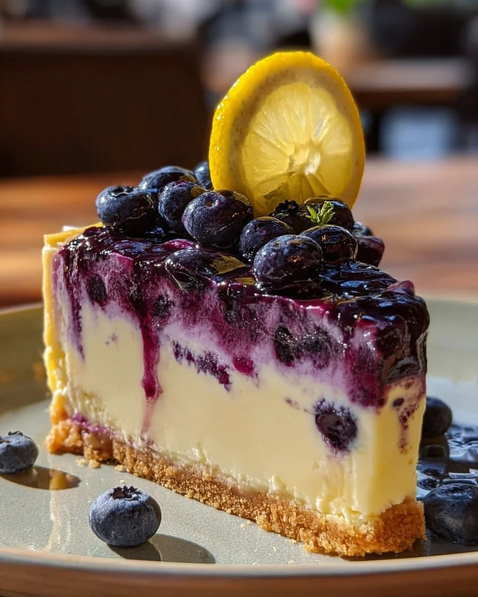 Slice of decadent lemon blueberry cheesecake topped with fresh blueberries