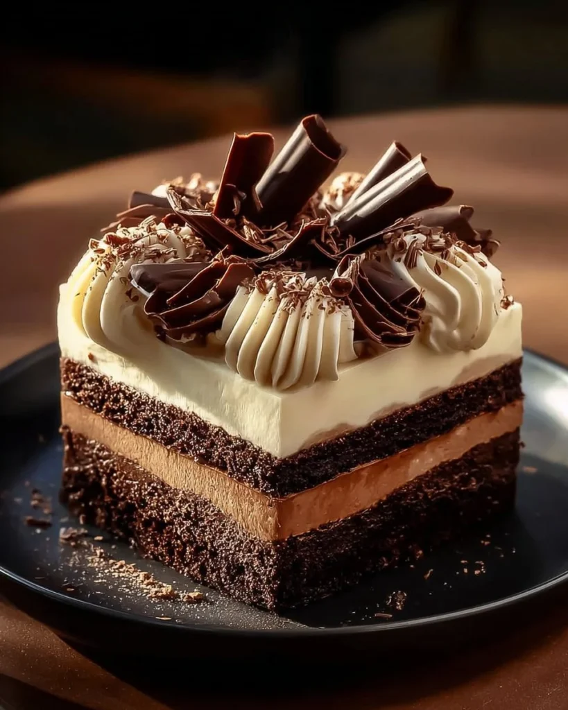 Slice of decadent Mint Chocolate Cake with rich chocolate layers and mint frosting.