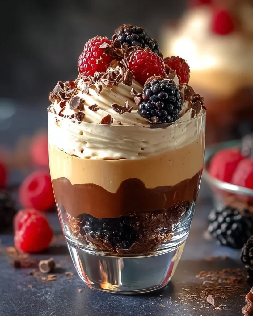 Decadent no-bake brownie cheesecake parfaits in serving glasses