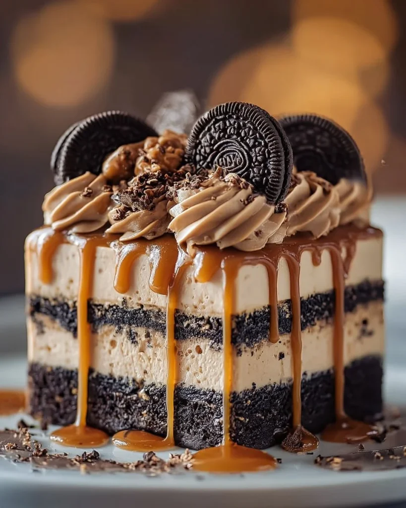 Delicious Peanut Butter Oreo Cake topped with chocolate and Oreos