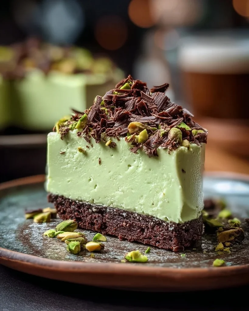 Slice of decadent pistachio cream cheesecake topped with crushed pistachios