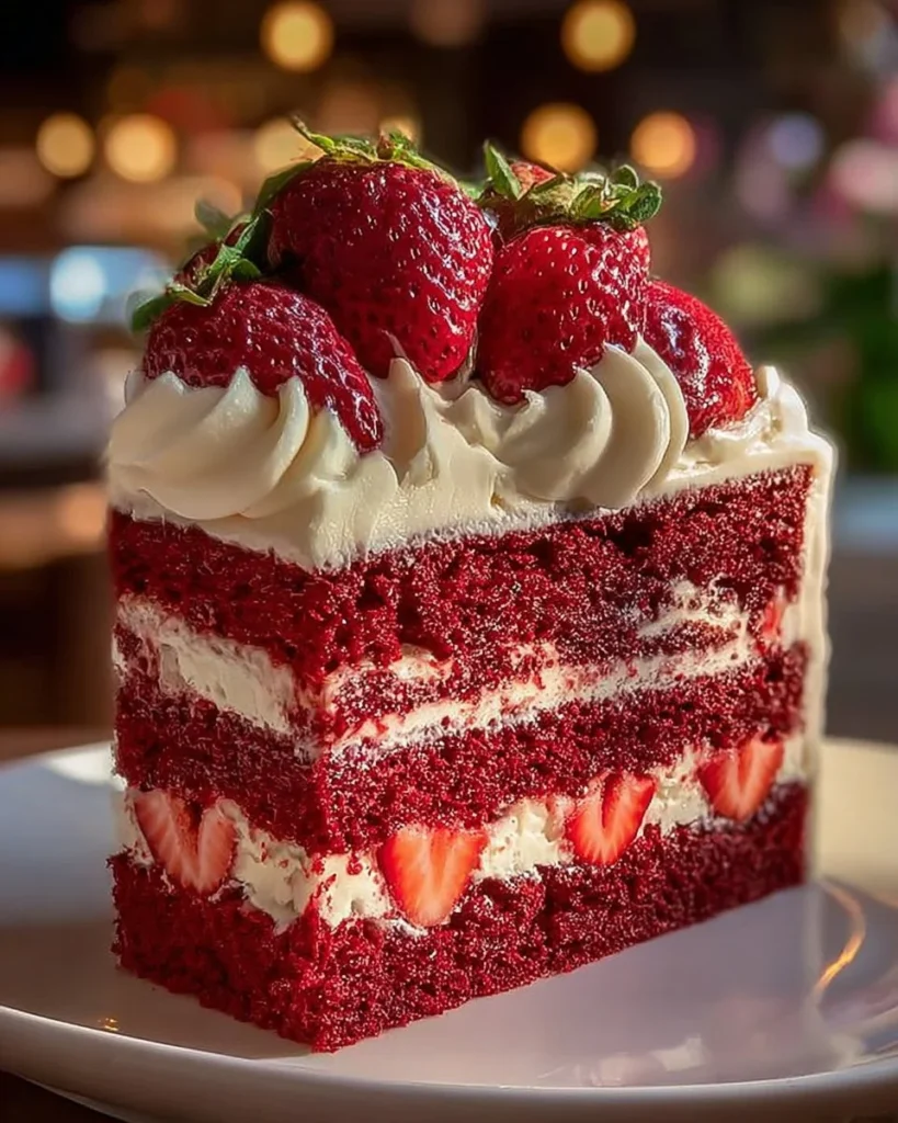 Decadent red velvet strawberry cheesecake with creamy layers and fresh strawberries.