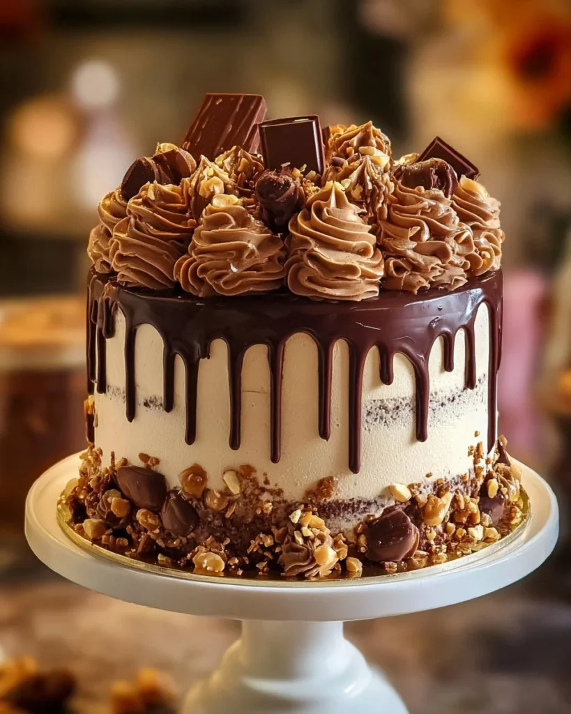 Decadent Reese's Peanut Butter Drip Cake with chocolate and peanut butter frosting