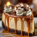 Delicious slice of decadent Snickers cheesecake pie topped with chocolate and peanuts.