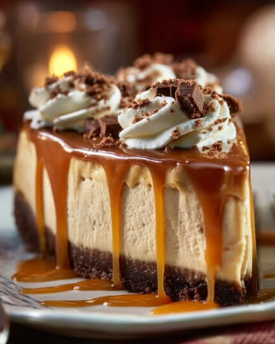 Delicious slice of decadent Snickers cheesecake pie topped with chocolate and peanuts.