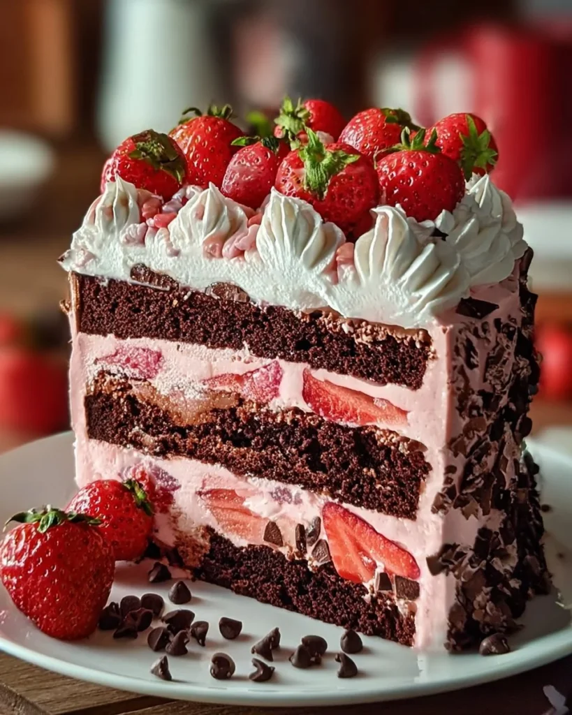 Decadent strawberry chocolate cake with layers of rich chocolate ice cream and fresh strawberries