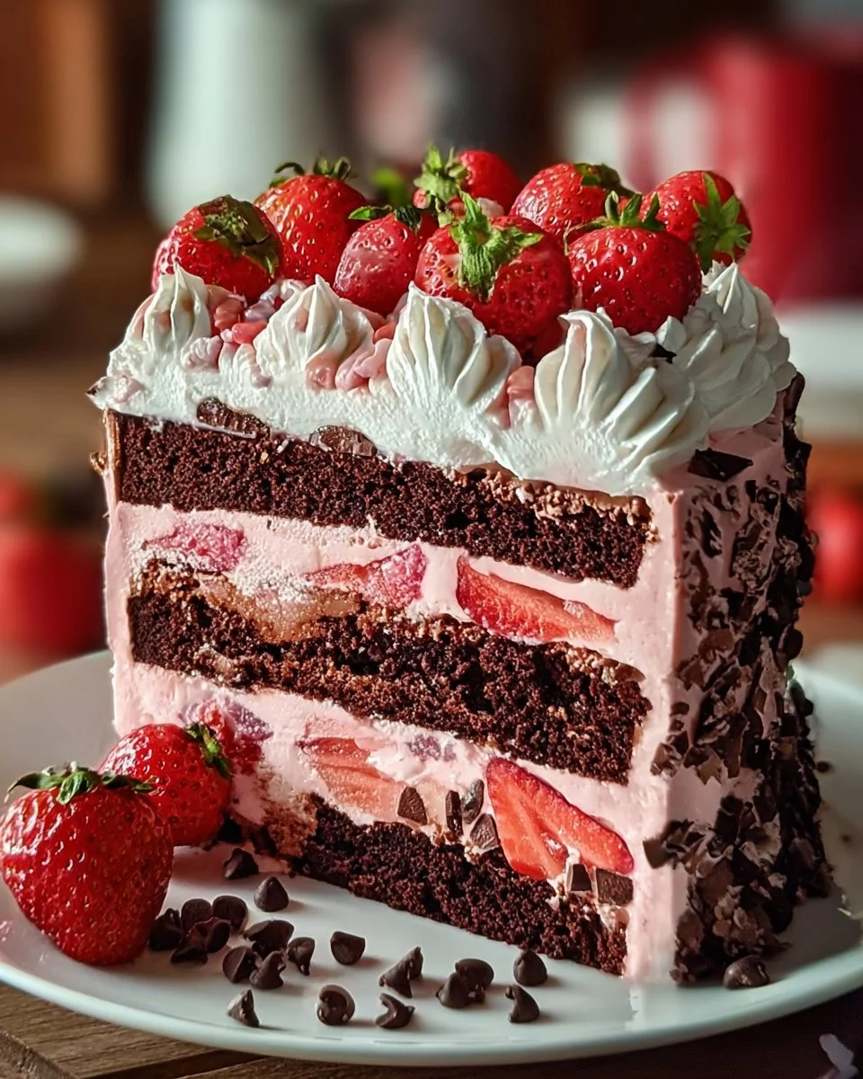 Decadent strawberry chocolate cake with layers of rich chocolate ice cream and fresh strawberries