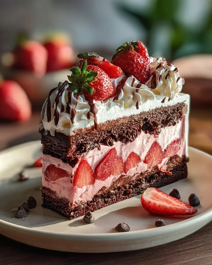 Decadent strawberry chocolate ice cream cake topped with fresh strawberries.