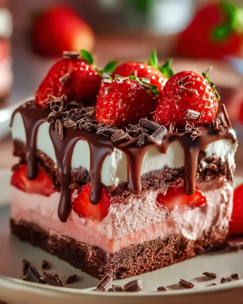 Decadent Strawberry Chocolate Fantasy Ice Cream Cake with fresh strawberries and chocolate layers