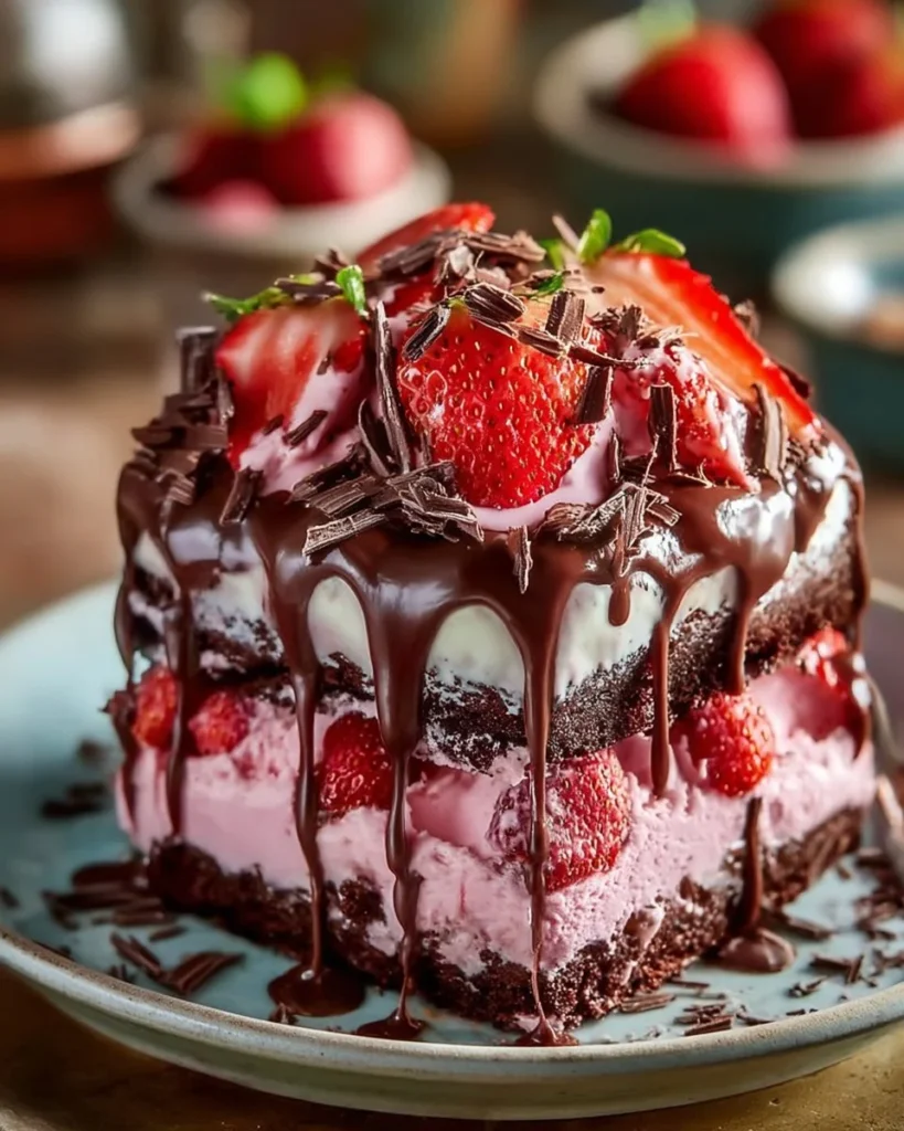 Decadent strawberry chocolate cake topped with ice cream and fresh strawberries