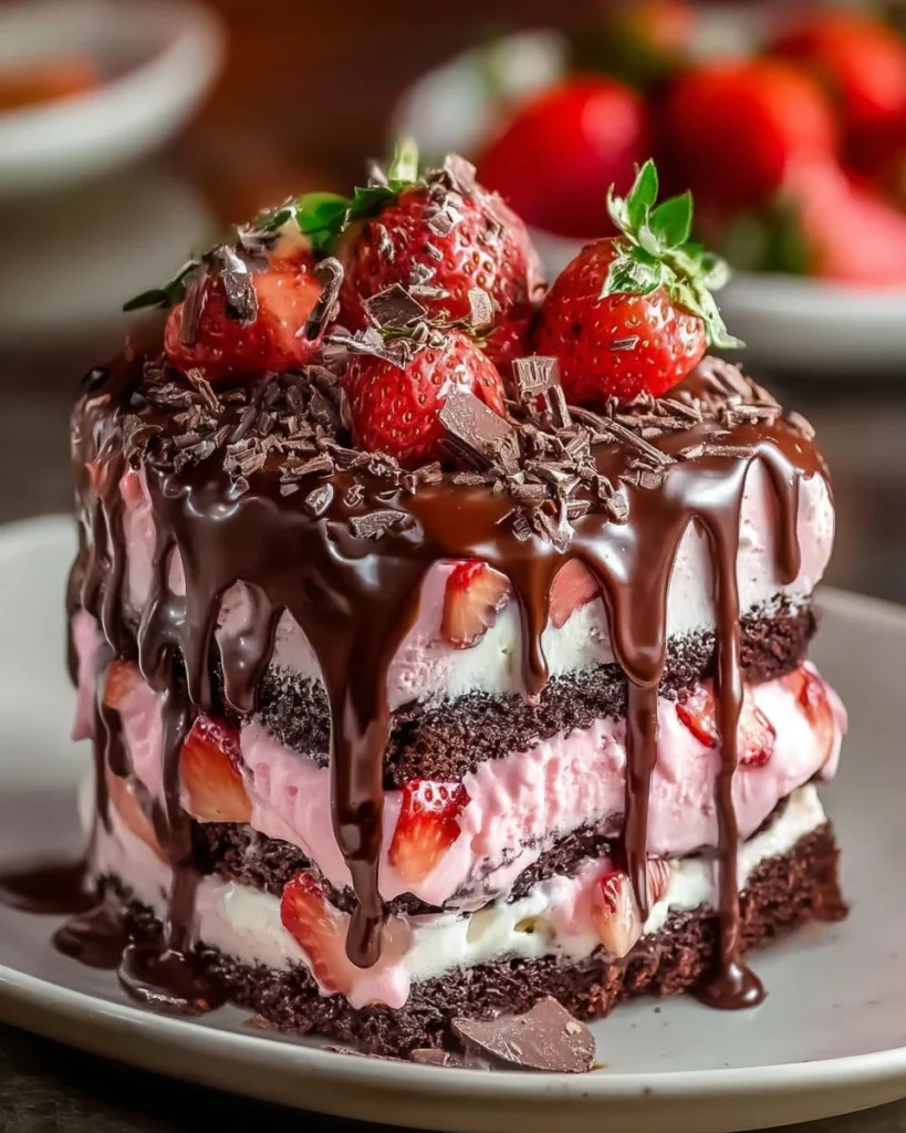 Decadent strawberry chocolate fantasy ice cream cake with fresh strawberries and chocolate