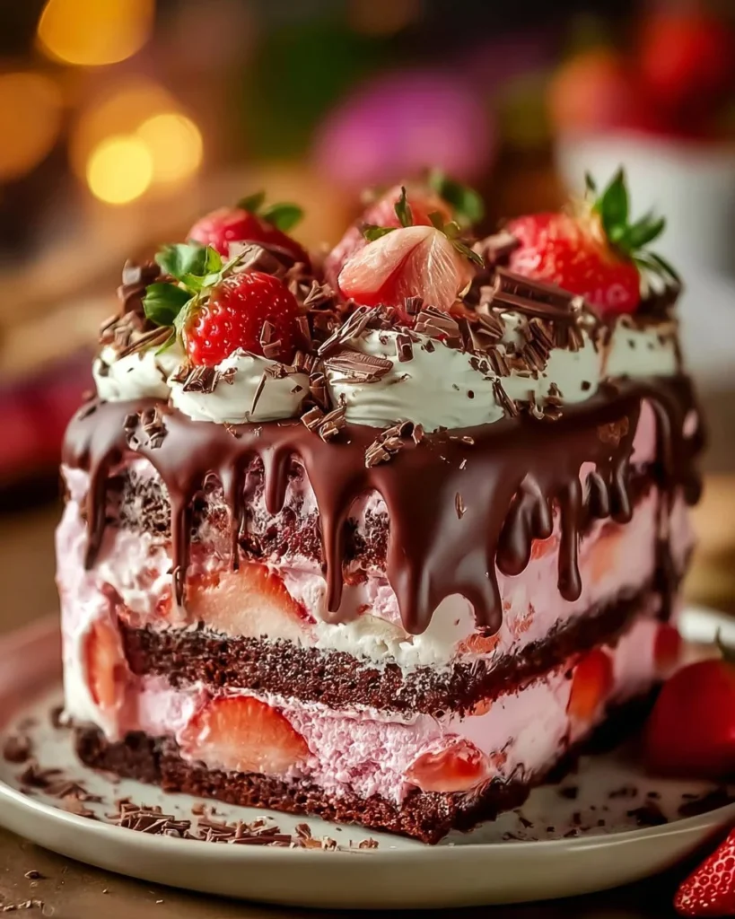 Decadent strawberry chocolate cake topped with rich chocolate ice cream