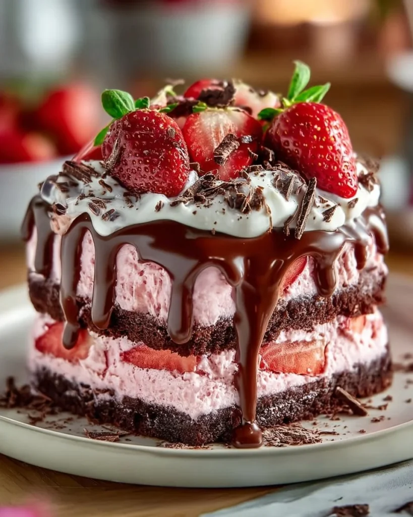 Decadent strawberry chocolate ice cream cake with layers and toppings