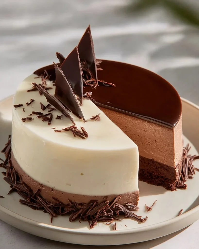 Decadent triple chocolate mousse cake topped with rich chocolate ganache.
