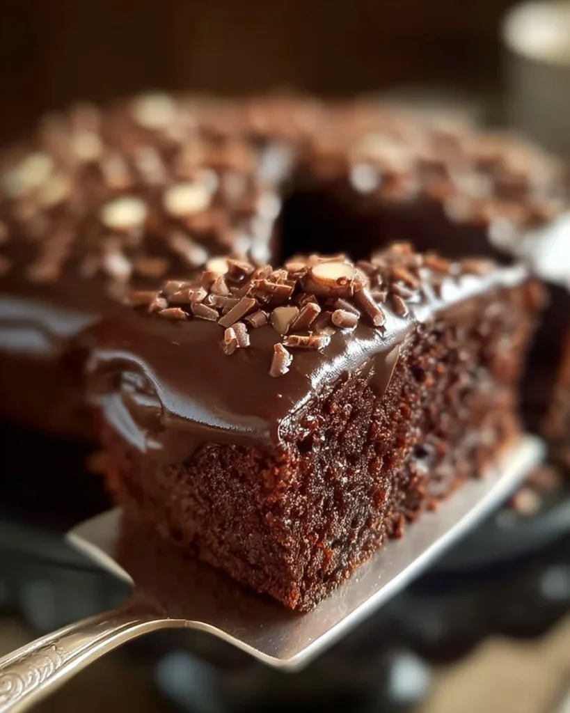Decadent triple chocolate mousse cake topped with dark chocolate shavings