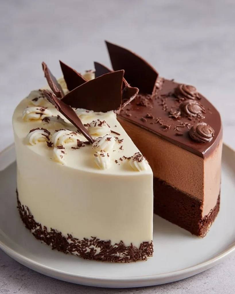 Decadent triple chocolate mousse cake with layers of rich chocolate